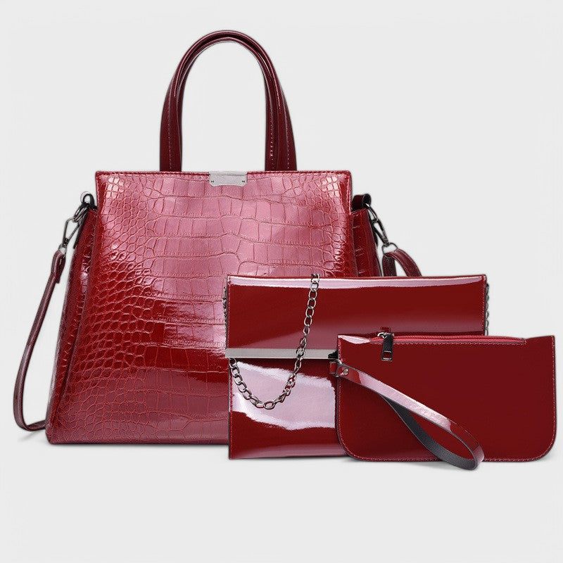 Rose - Elegant 3-Piece Black Crocodile Bag Set